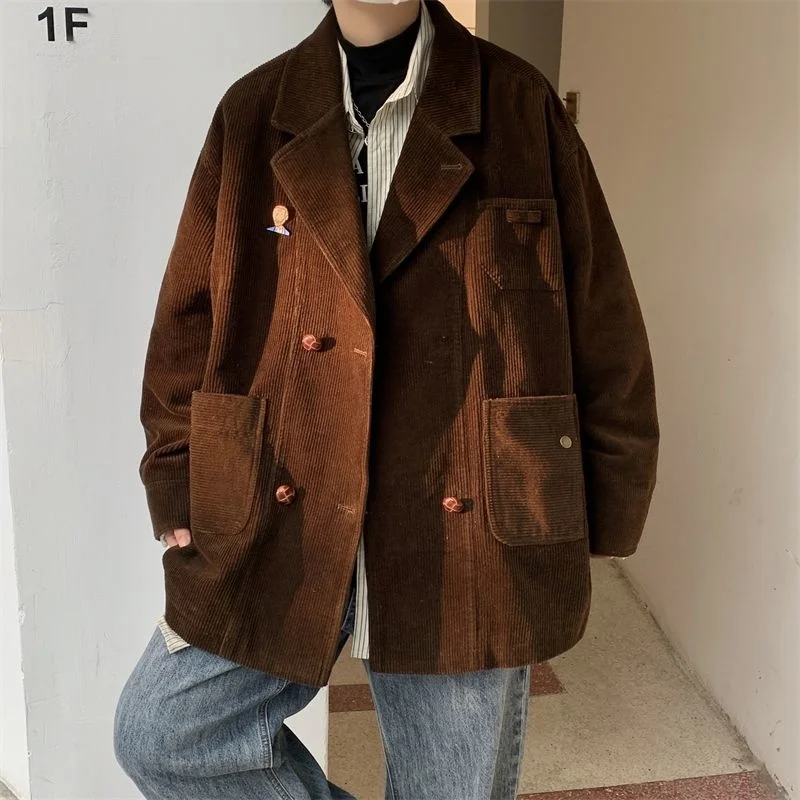 

Dark Brown Blazer Jacket Men's Spring Autumn Handsome Multi-pocket Top American Vintage Corduroy Workwear Button Coat