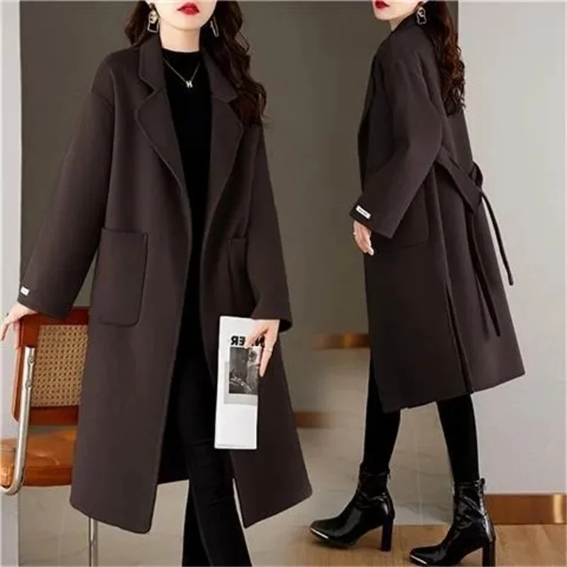 Double Sided Wool Coat Lace-Up Women's Long Korean Loose Vintage Lady Blend Cashmere Jacket 2023 Autumn/Winter New High Quality