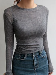 Women's Slim Fit Cotton Long Sleeve T - Shirt - Sheer and Stylish Basics - One Size (GRAY)