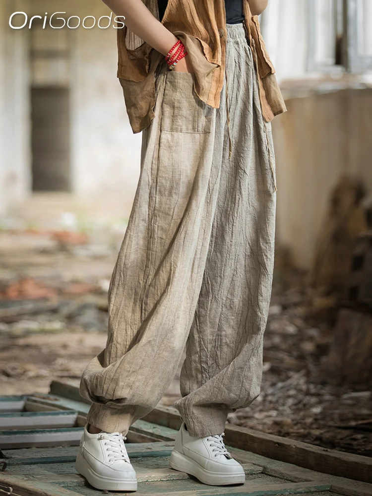 OriGoods 여성 하렘 팬츠 오리지널 디자인 라미 코튼 오버사이즈 젠 루즈핏 배기 팬츠 엘라스틱 웨이스트 디스트레스드 팬츠 B188