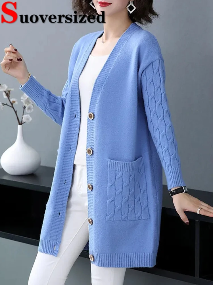 

Loose Knitted Mid-length Cardigan Casual Solid Knitwears Coats Women New Fall Winter Tops V-neck Long Sleeve Sweater Mujer