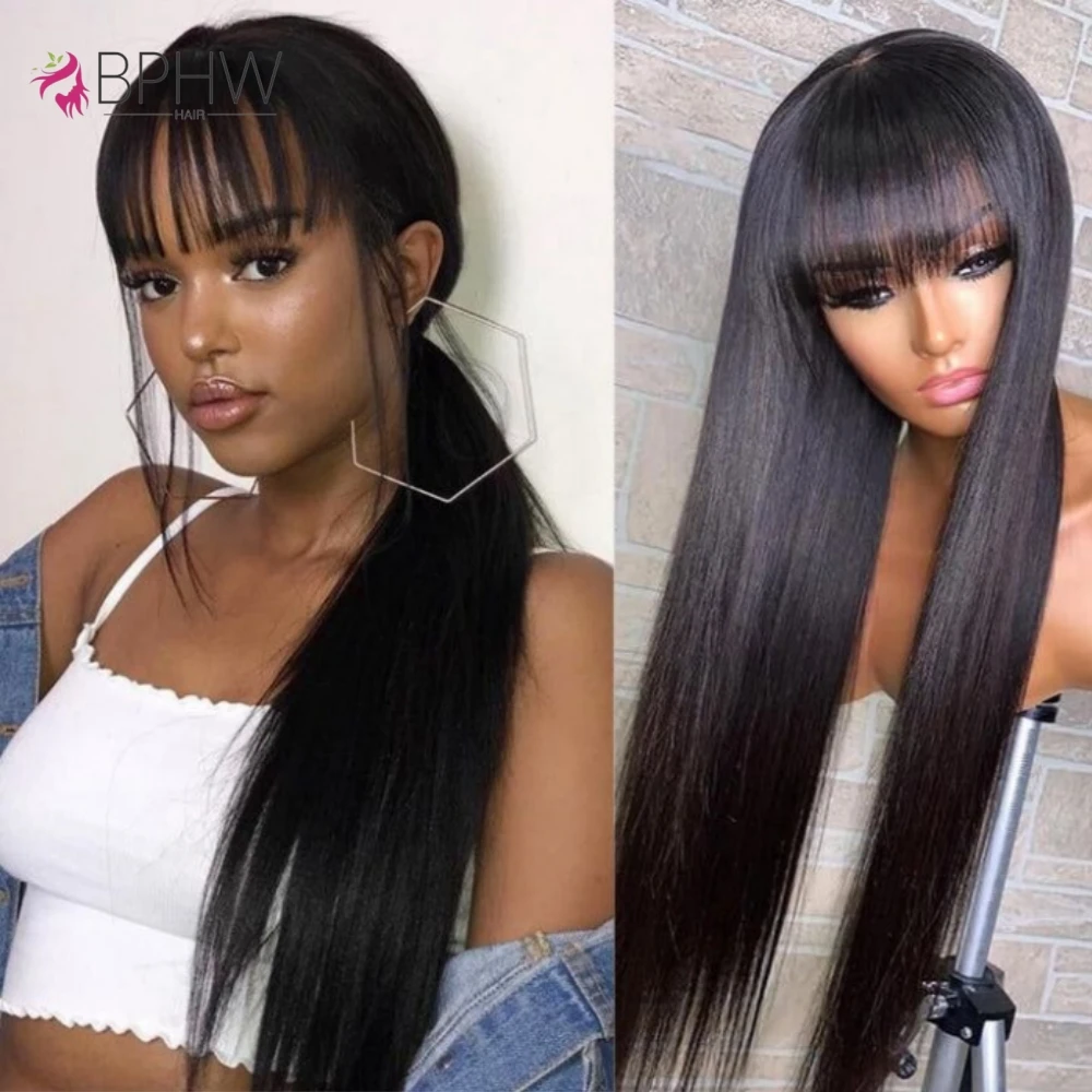 Human Hair Wigs 180 Density Full Machine Made With Bangs for Women