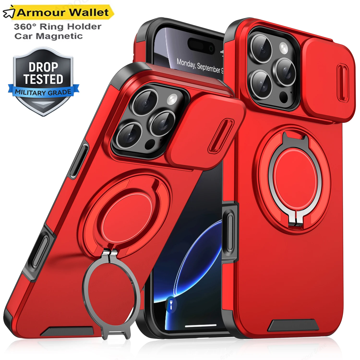 Heavy-Duty Rugged Magnetic Ring Holder Phone Case with Slide Camera Protection and Magsafe Compatibility
