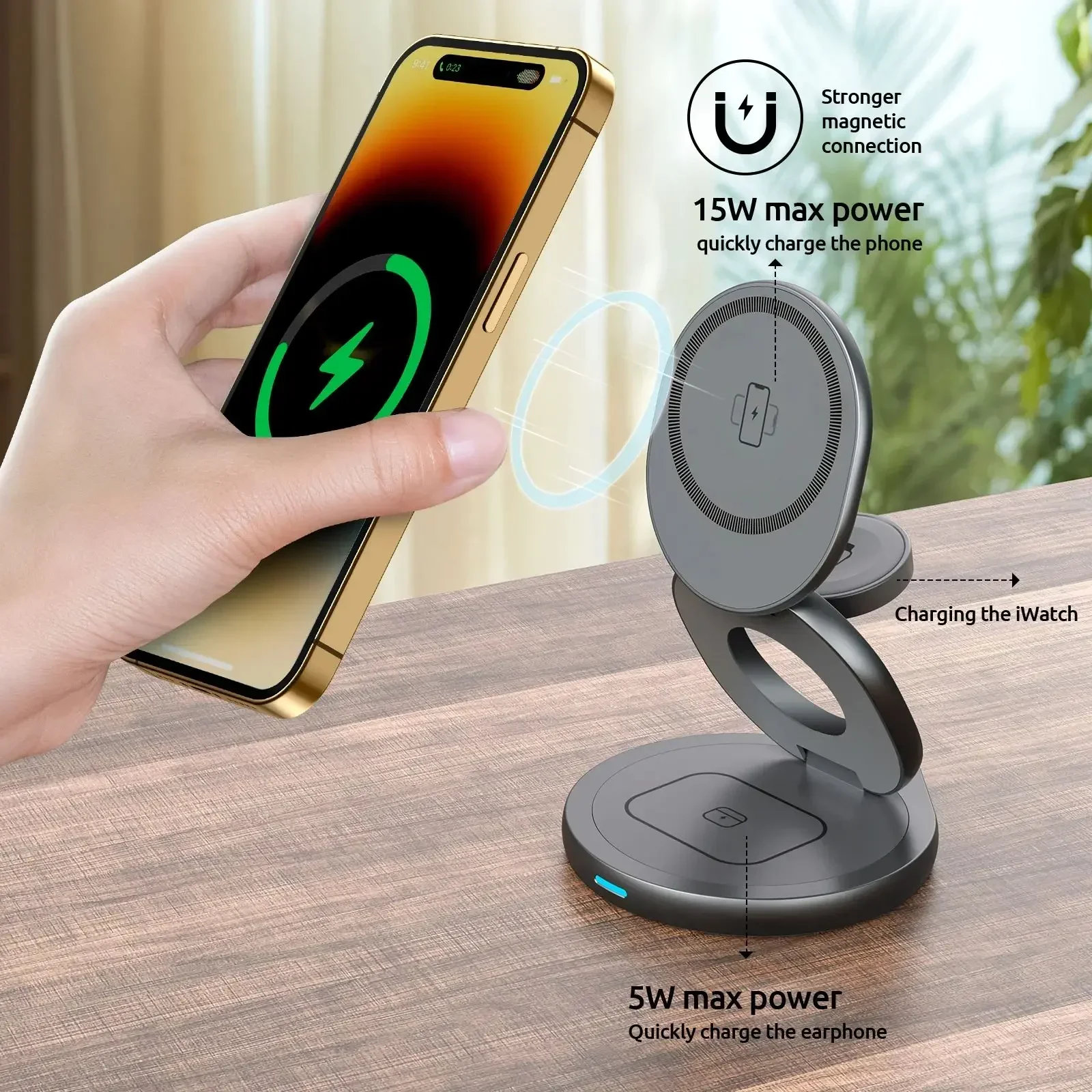 3 in 1 자기 360 회전 금속 무선 충전기 스탠드 패드 iPhone 15 14 13 12 Apple Watch 9 8 Airpods 고속 충전 스테이션