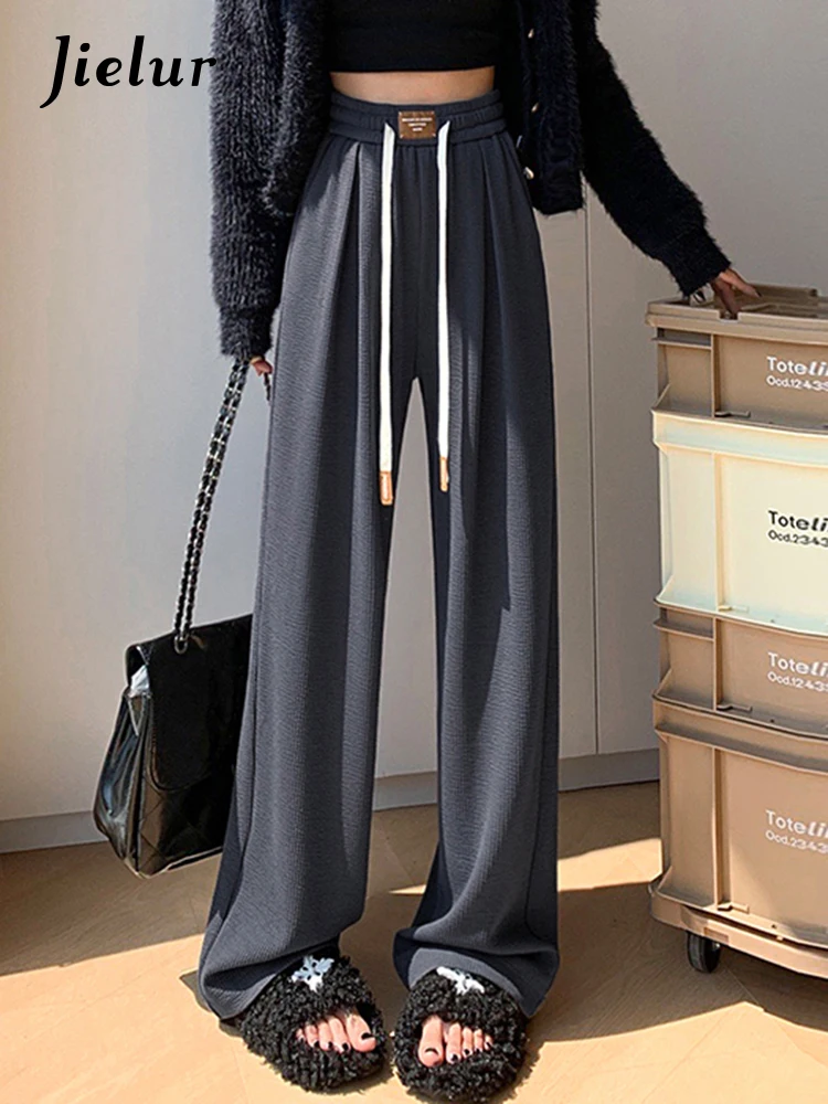 Jielur Grey Elastic Waist Loose Women Pants Solid Color Simple Pure Color Basic Office Lady Winter Casual Female Wide Leg Pants