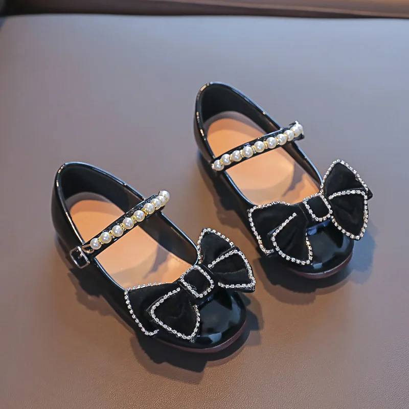 Black Red Leather Kids Mary Jane Shoes with Rhinestone Bow