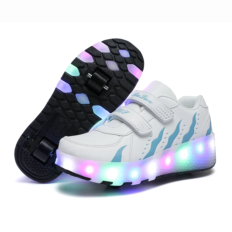 Roller Skate Shoes Boys LED Light Up Trainers USB Charging Double Wheel Technical Skateboarding Shoes Outdoor Gymnastics Sneakers For Boys Kids,Pink-EU33