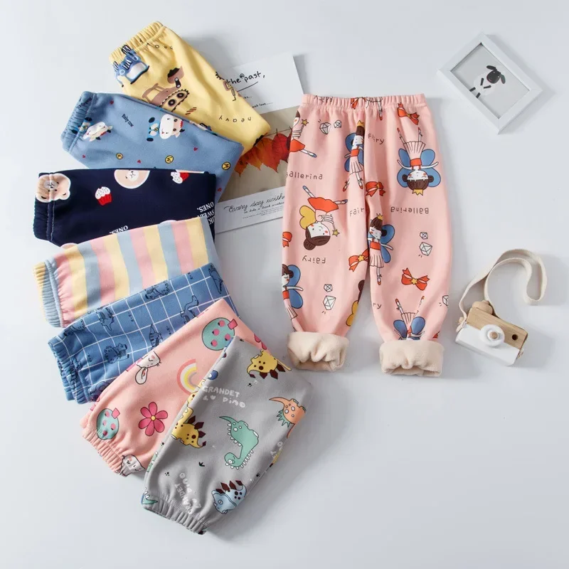 Girls Boys Sleep Pants Kids Fleece Pant Cartoon Print Trousers Fall Winter Home Wear Children's Thicken Clothing Casual