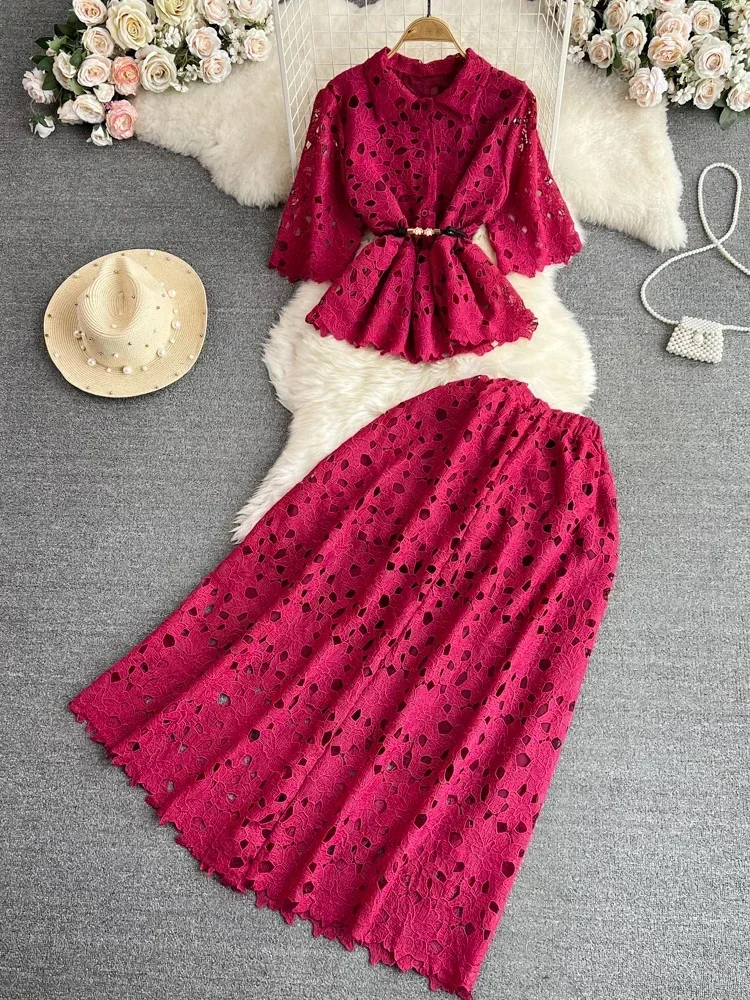 Women Summer Dress Sets Vintage Style Short Sleeve Hollow Out Single Breasted Shirt Two Piece High Waist A-Line Dress D3289 - Image 5