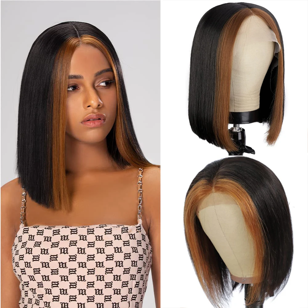 

Skunk Stripe Highlight Wig Short Bob Wig Synthetic Lace Front Wig Middle Part Straight Lace Front Wig For Black Women