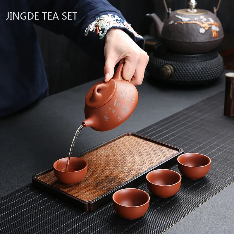 

Purple Clay Tea Pot Set One Pot Four Cups Travel Tea Set Household Stone Scoop Filter Teapot Teacup Chinese Tea Ceremony Gifts