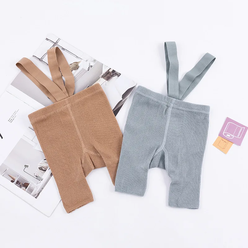 Knit Tights Suspender Leggings Girls Pantyhose 0-4Y Newborn Casual Ribbed Cotton Leggings Solid Color Baby Girl Boys Overalls Infant Baby Suspender Pantyhose 9 Colors