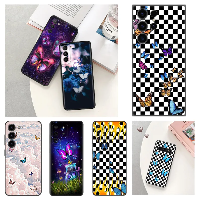 Custodia In Silicone Nero Per Samsung S24 Note20 Ultra S22 S21 Plus S23 S10 E Blue Flower Pink Butterfly Galaxy S20 Fe Cover