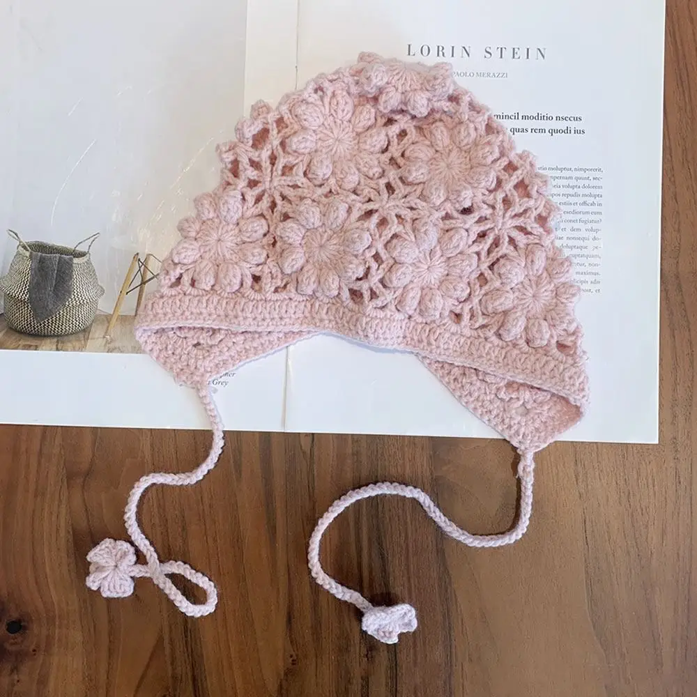 Breathable Handmade Knitted Hat Hollow Flower Crochet Skullies Hat Casual Versatile Princess Cap for Unisex Girls