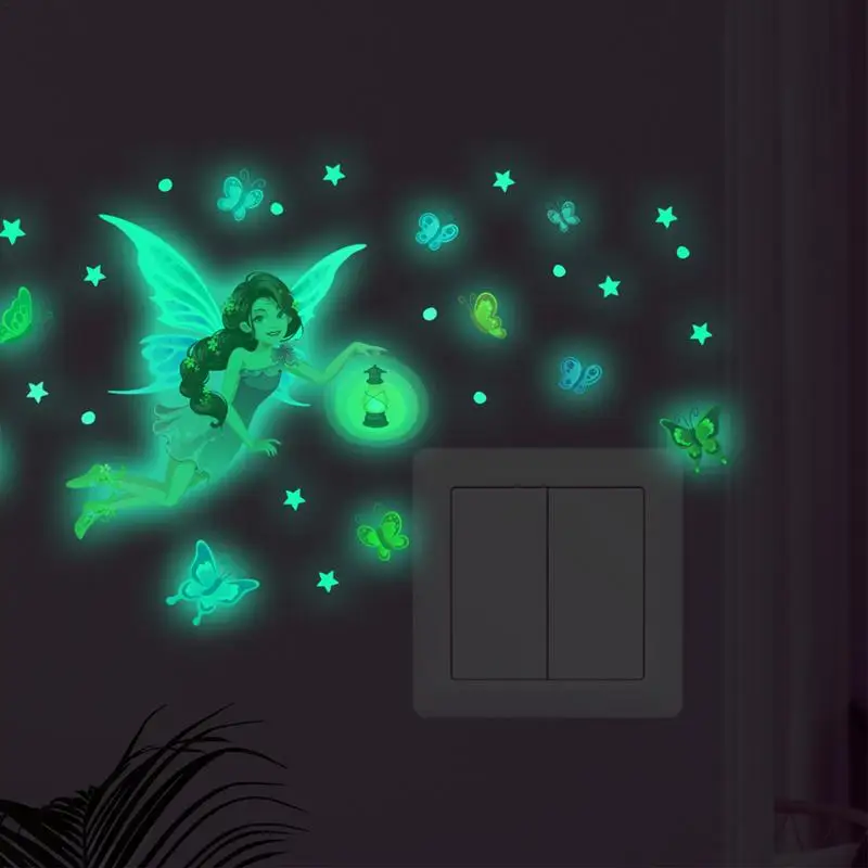 Glow In The Dark Stickers For Wall Glowing Fairy Wall Stickers Fairy Beauty Glow Mushroom Decals Soft Light Cartoon For Girls