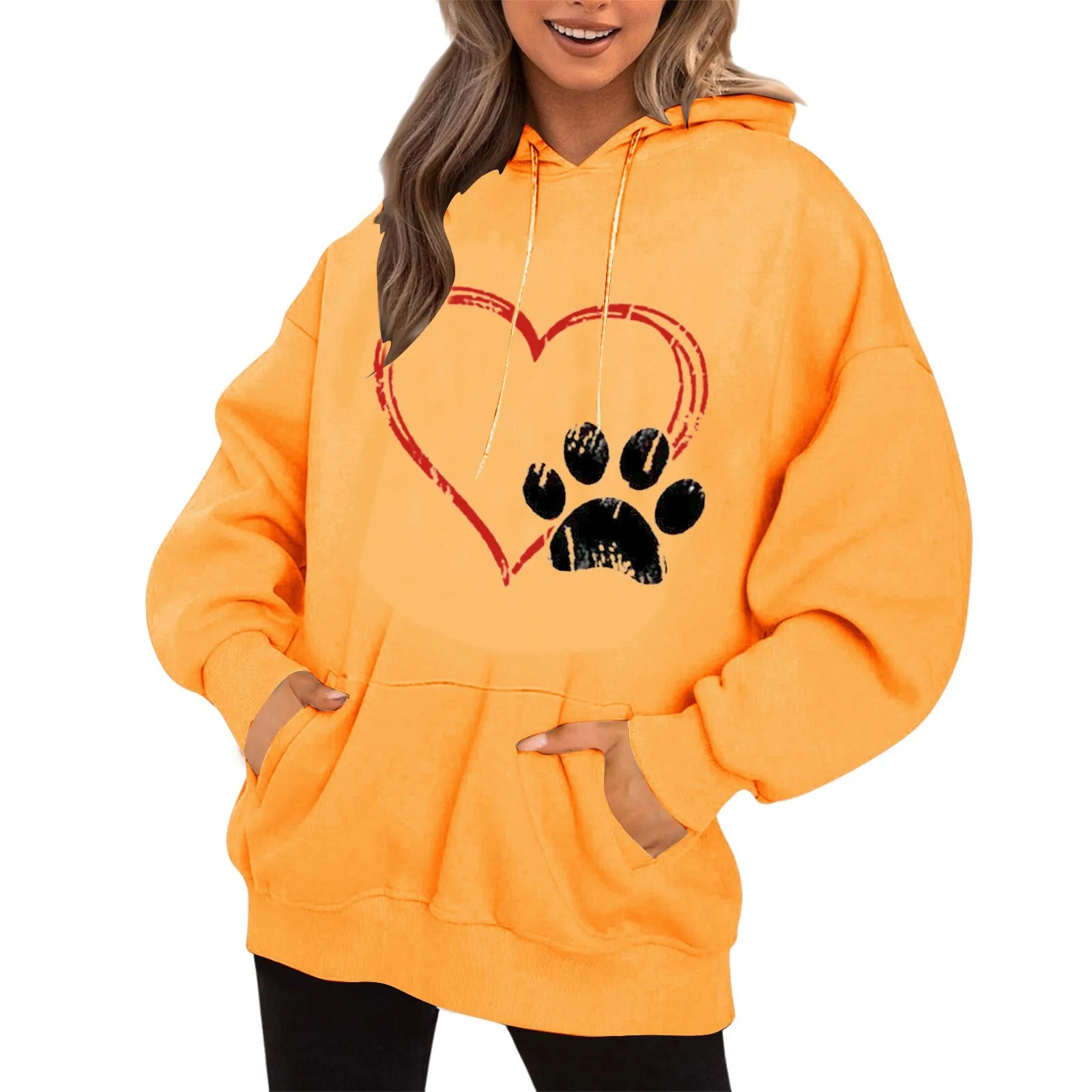 

Hoodie for Woman Women's Crew Neck Pocket Valentine's Day Heart Print Long Sleeve Pocket Sweatshirt