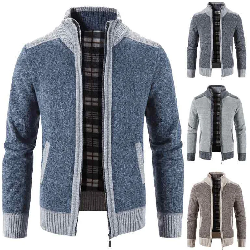 Elegant color block zipper micro elastic cardigan jacket for autumn and winter men's casual retro standing collar sweater jacket