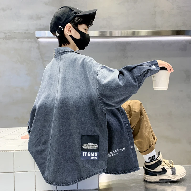 루즈 스타일 그레이 그라데이션 데님 셔츠, 소년 캐주얼 긴팔 블라우스, 십대 어린이 패션 용수철 의류, 겉옷 5-14Y