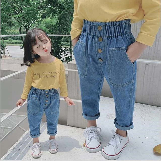 2023 nova chegada outono bebê meninas denim calças crianças sólido calças  de brim cintura alta com bottons moda bonito meninas jeans - AliExpress