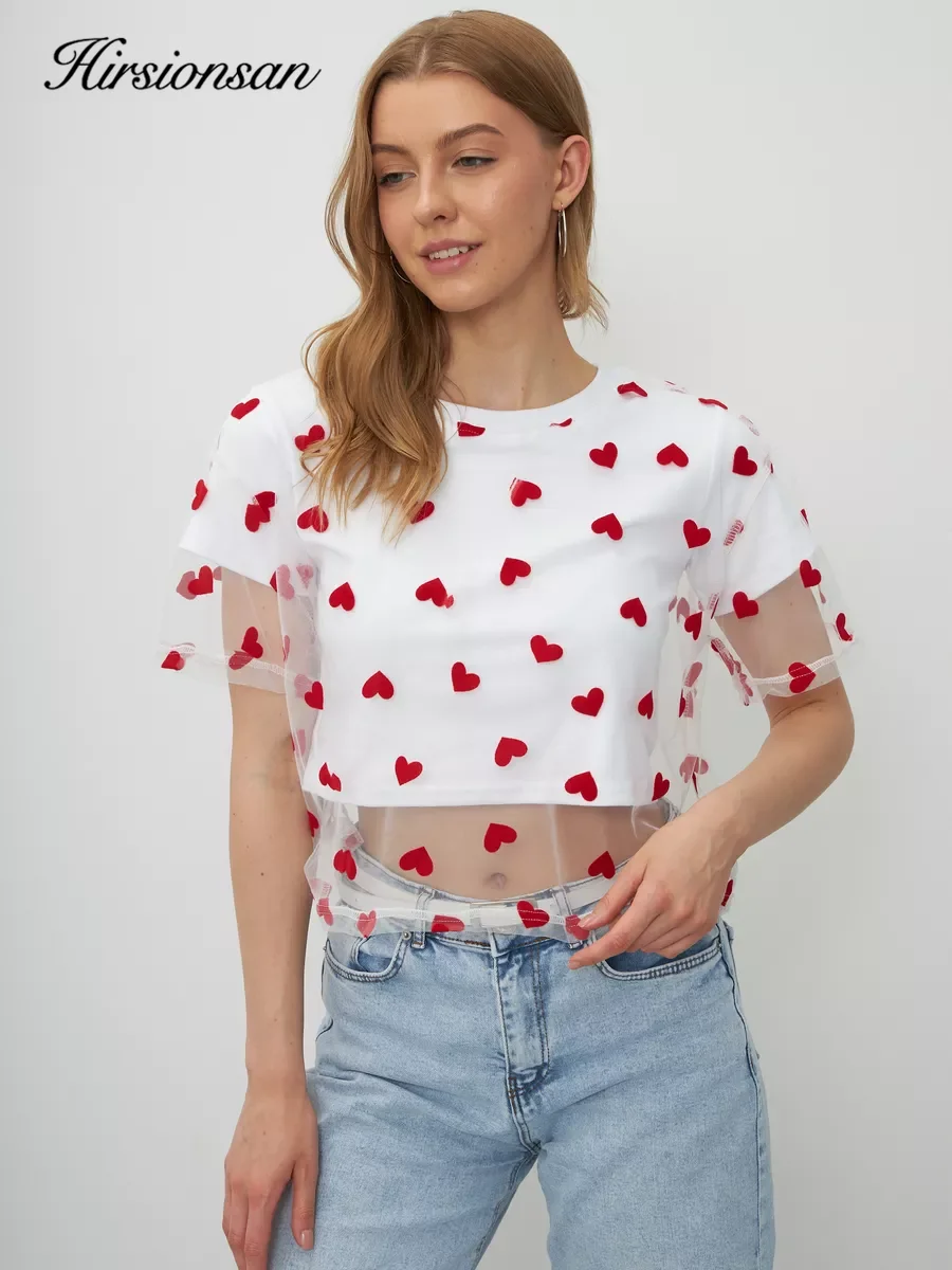 Heart Mesh Patchwork Vintage Chic T-Shirt - Women's Casual Cotton Short Sleeve Tops