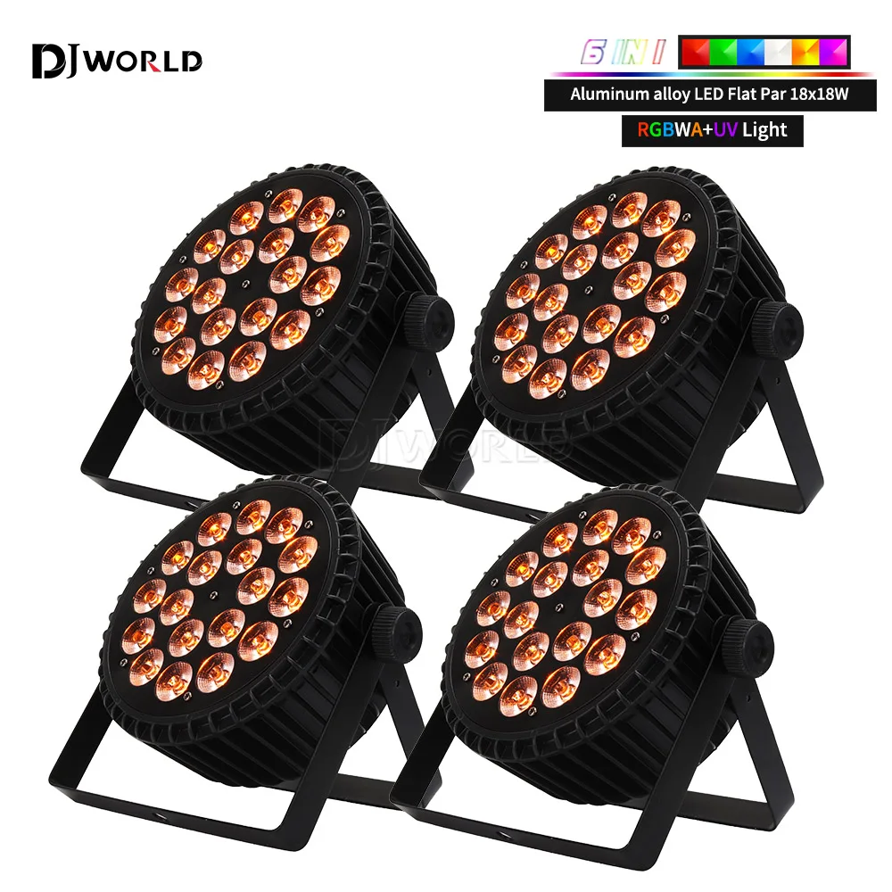 4PCS Aluminum LED Par Light 18x18w RGBWA UV 6in1 Flat Par Light DMX512 Professional Stage Lighting Equipment for Disco Party