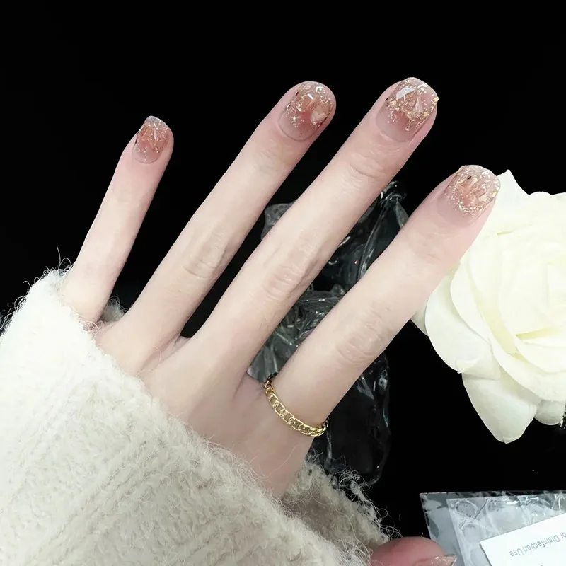 

24Pcs Handmade Wearing Nail Diamond Sparkling Powder Finished Nail Stickers With Jelly Glue Detachable Fake Nails