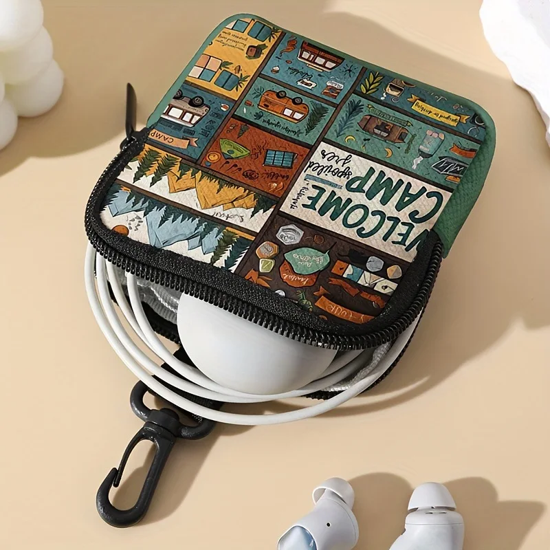 Printed Coin Purse Faux Leather Zipper Storage Bag Multi Functional Mini Earphone Case