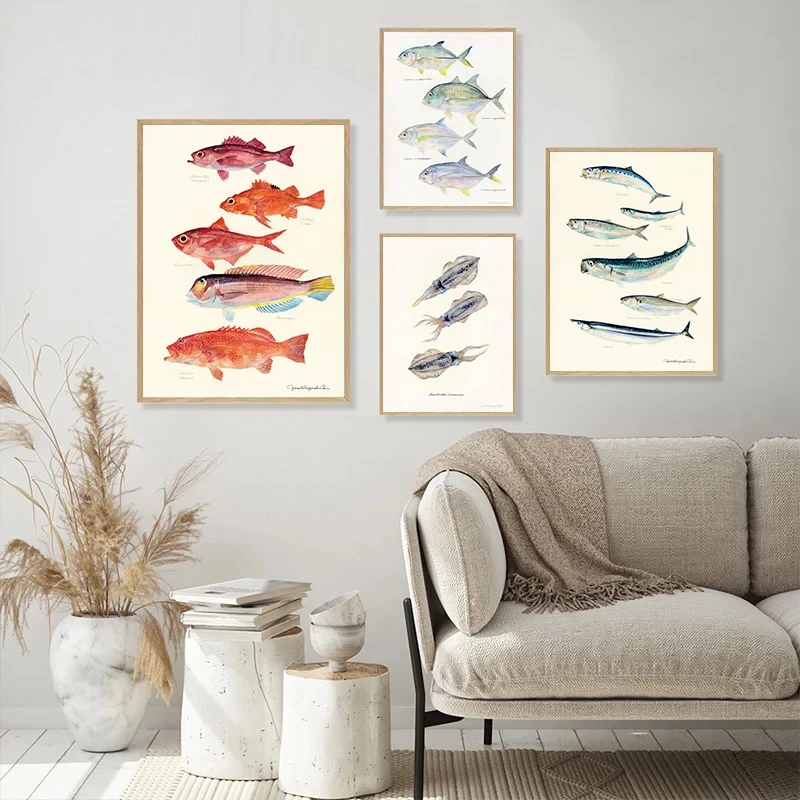 

Sea Animals Watercolor Vintage Wall Art Canvas Painting Fish Octopus Nordic Minimalist Posters And Prints Wall Pictures Decor