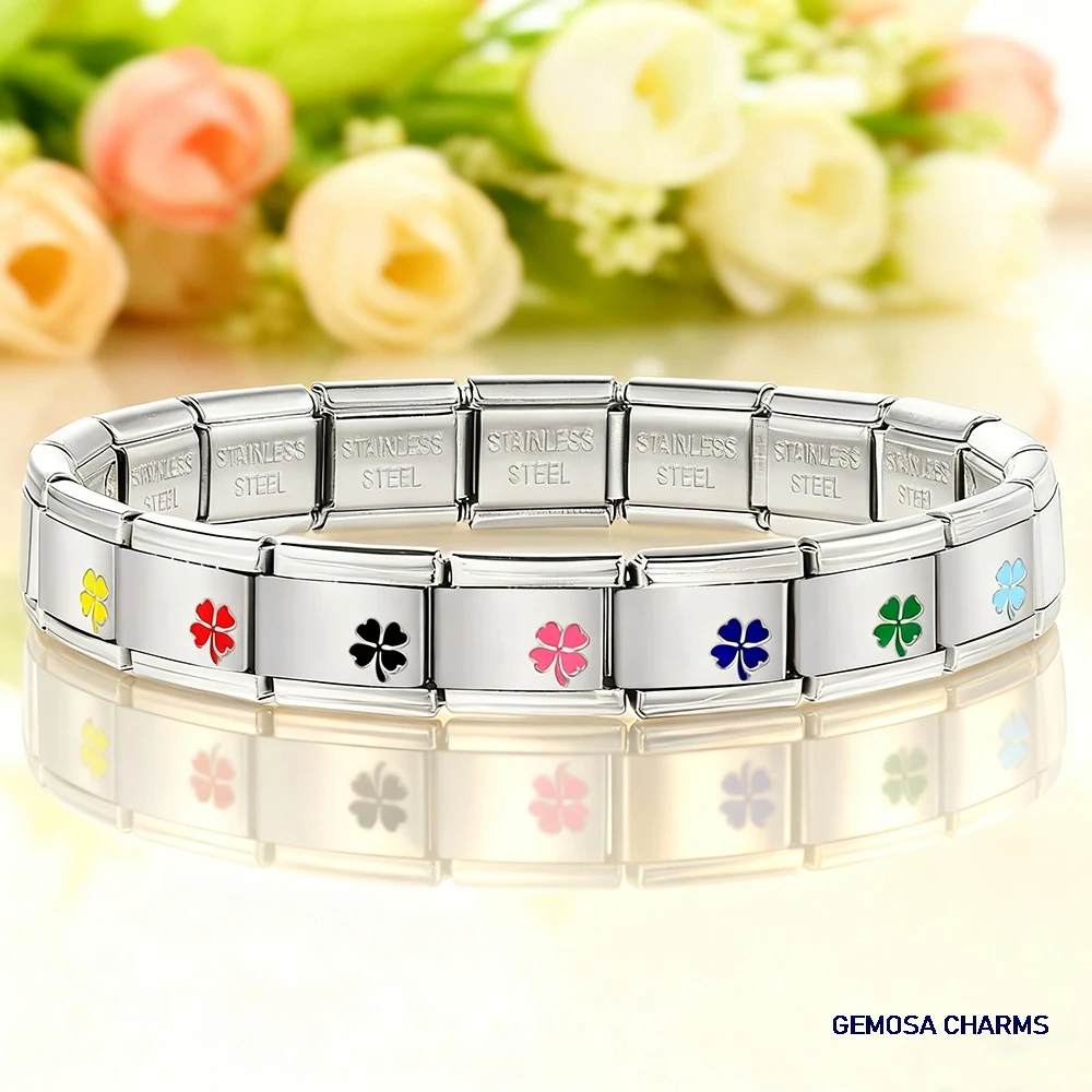 GEMOSA Großhandel Silber Farbe Glück Gras Charme Italienischen Link Fit 9mm Edelstahl Schmuck Machen DIY Perlen Frauen Männer armband – Detail 6