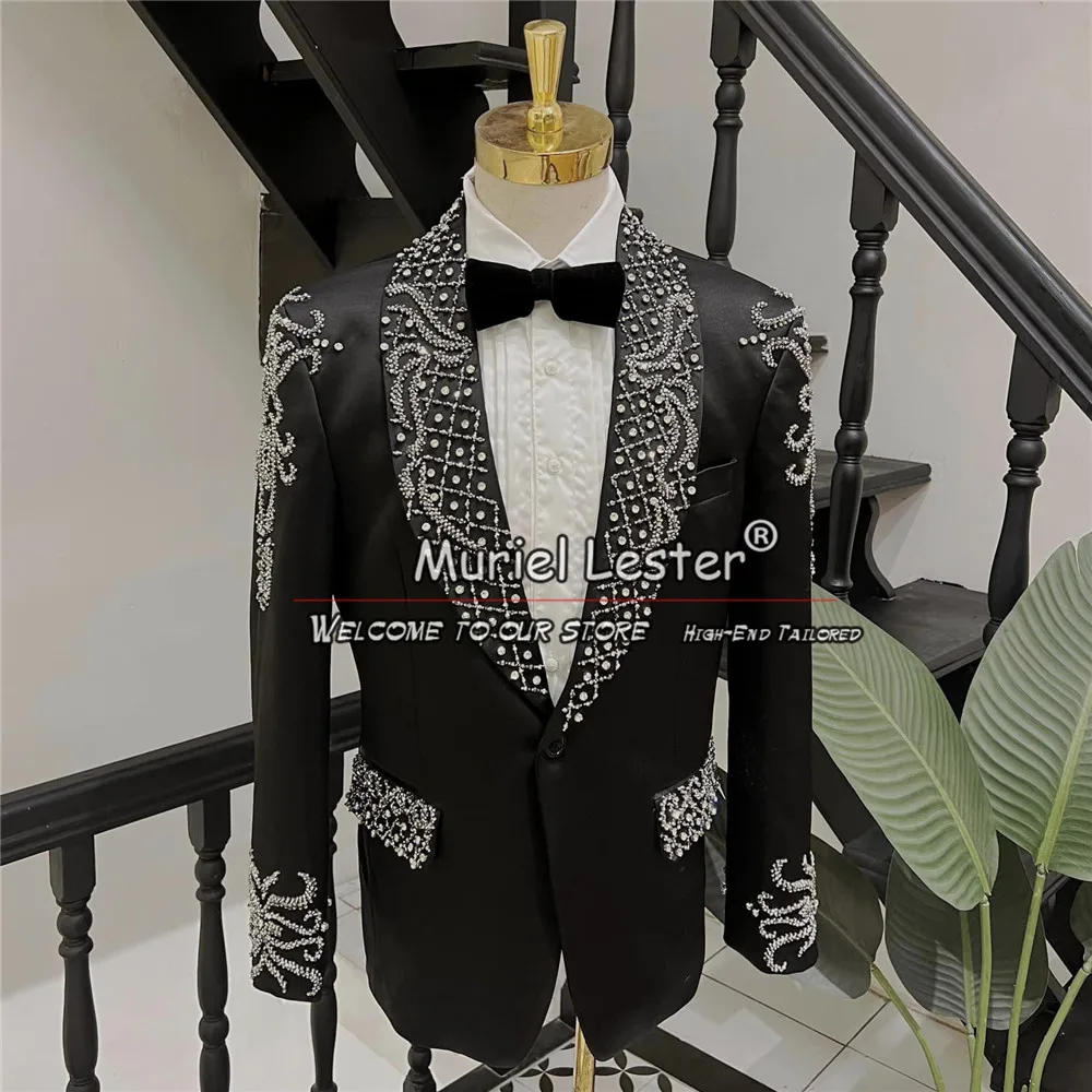 

Boyfriend Marriage Men Suits Sliver Beading Groom Tuxedos Tailored Man Fashion Wedding Dinner Party Prom Blazer Costume Homme