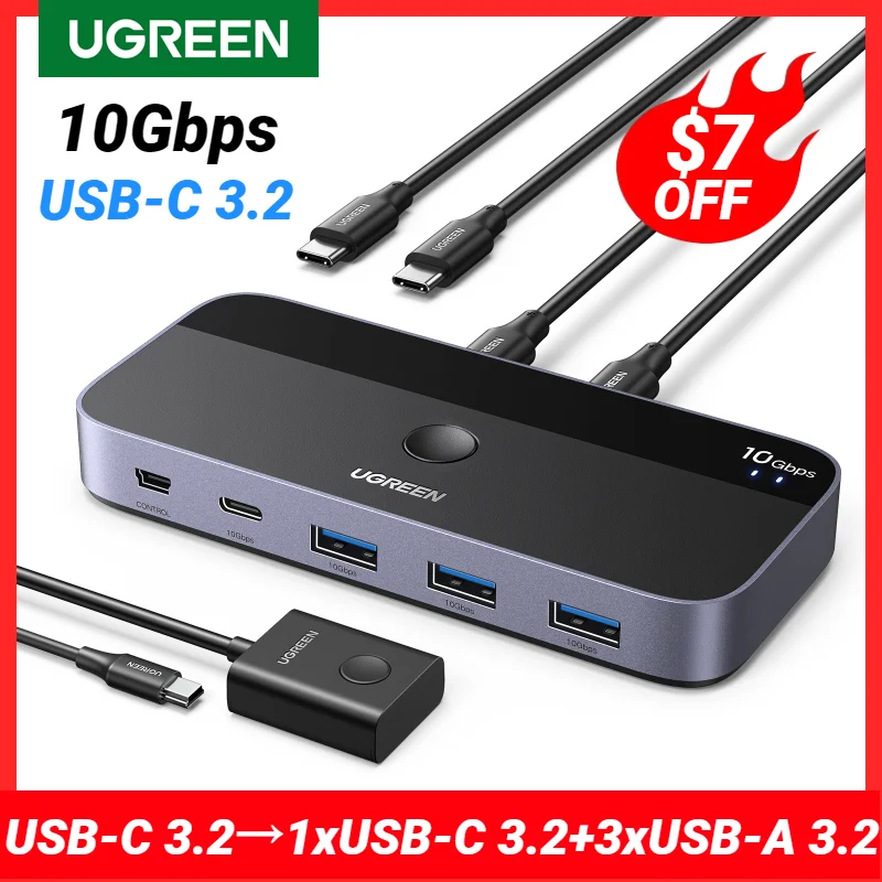 

UGREEN 10Gbps USB C KVM Switch USB C 3.2 Switcher for PC Keyboard, Mouse, Printer and Scanner 2 PCs Sharing 4 Devices USB Switch