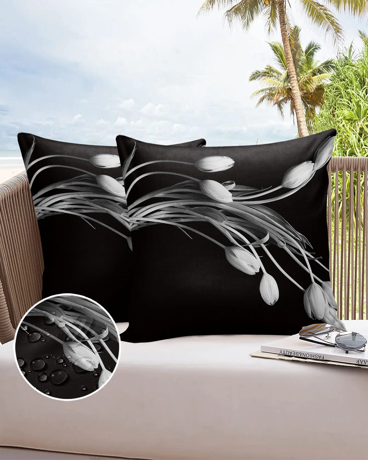 

2/4PCS Outdoor Garden Chair Waterproof Cushion Cover Flower White Tulip Black Home Decor 40/45/50/60/66cm Pillow Case
