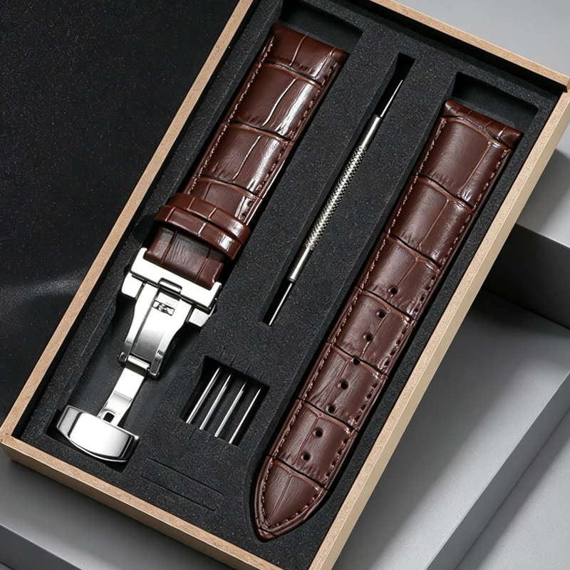 Luxury Leather Watch Strap Set with Butterfly Buckle and Installation Tools in Wooden Box