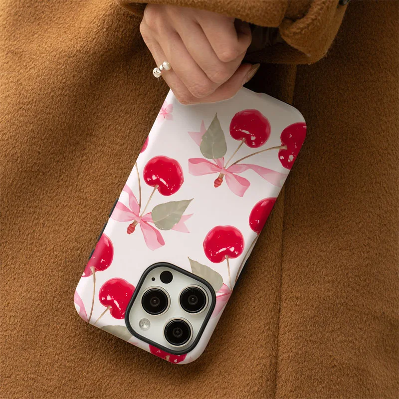 Pink Cherry Shockproof Phone Case with 2-in-1 Film Shell Cover