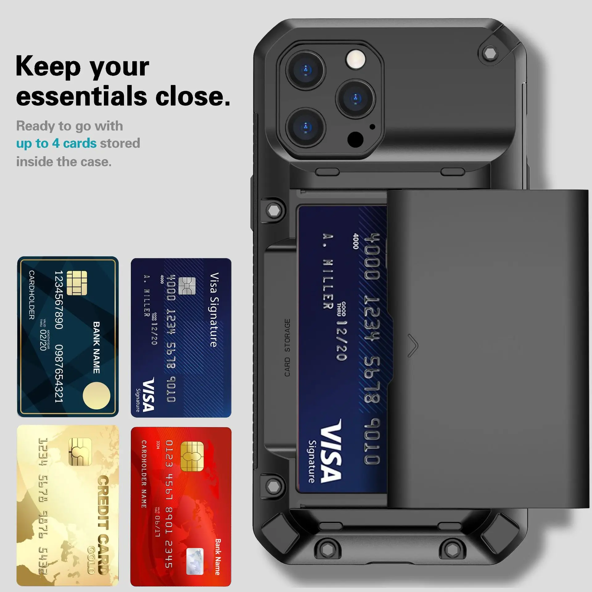 For iPhone 13 Pro Max Case Shockproof Armor Slide Card Holder Cover For iPhone 14 15 12 11 Slot Store 4 Cards Wallet Phone Funda 2