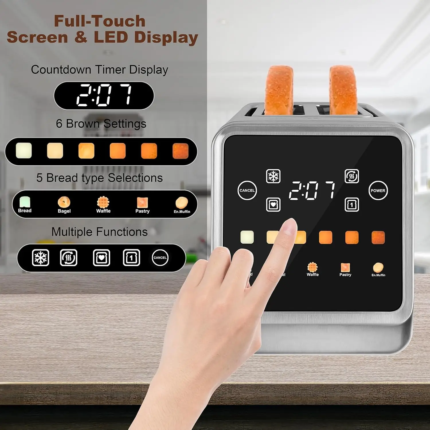 Touch Screen Toaster 2 Slice Bagel Toaster with LCD Display Stainless Steel Smart Digital Toasters with Single Slot Toasting 2