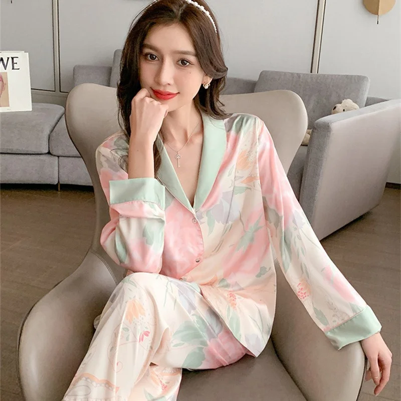 Spring Autumn Women's Thin Simulated Silk Pajamas V-neck Long Sleeve Cardigan Pants Oversized Luxury Home Clothing Set