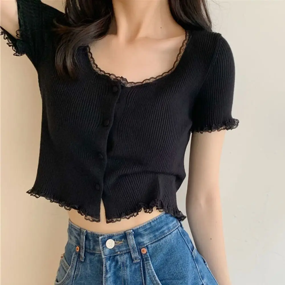 Polyester Lace T-shirt Crop Top for Women