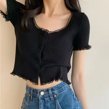 Korean Style Summer Spring Lace T-shirt Button Stylish Crop Top Slim Fit Knitted Cardigans 1