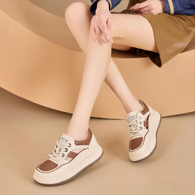 CICIYANG Genuine Leather Women's Platform Sports Sandals 2025  Summer New Fashion Lace-up Hollow Sneakers for Female 5