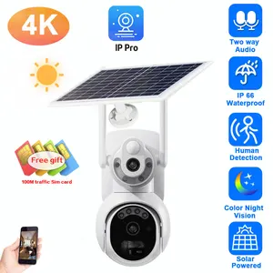 4K Dual Lens 4G Sim Camera Solar Panel Outdoor Low Powered Cam Color Night Vision PIR Alarm Two Way Audio Solar CCTV IP Camera