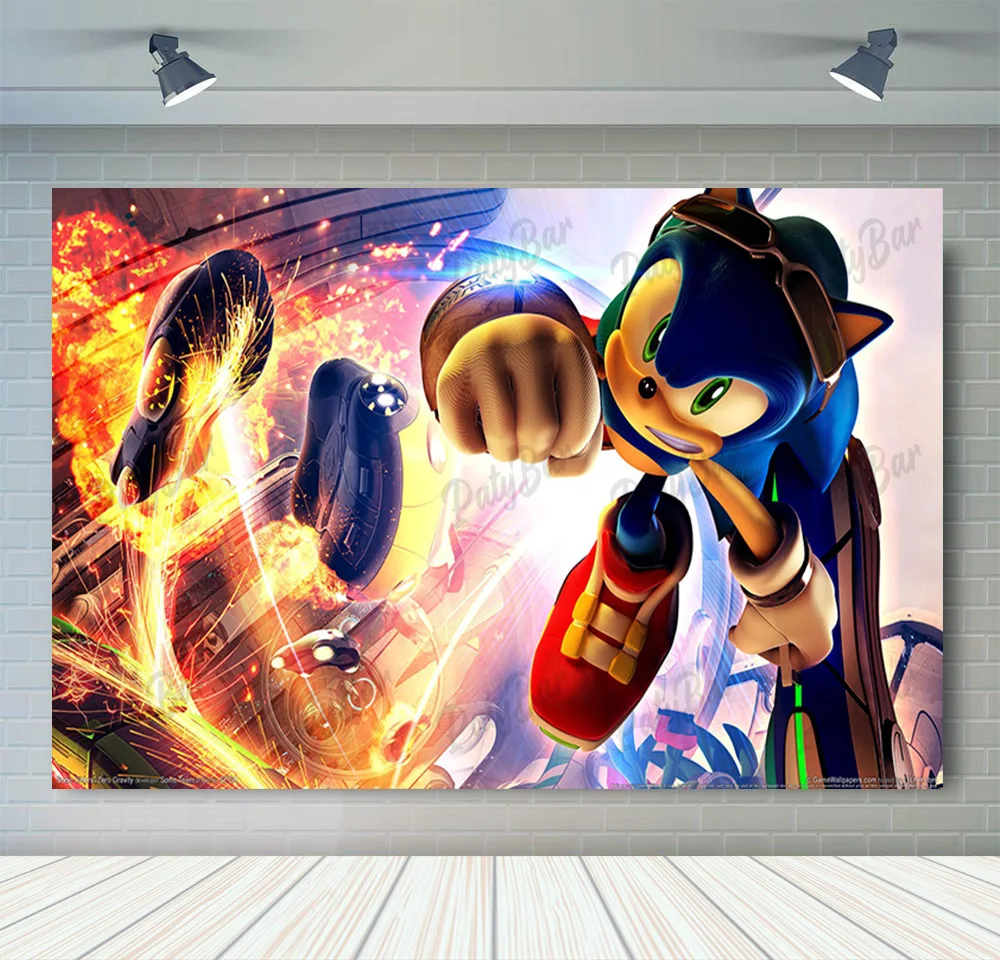 thumbnail image 1 of Fondo de fotografía de Sonic, el erizo de velocidad, héroe corredor, fondo de fotografía de dibujos animados para cumpleaños de niños, accesorios de vinilo de poliéster rojo y azul, 1 of 5