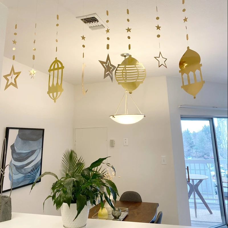 Ramadan Gold Silver Star Moon Lantern Hanging Streamer Garland Eid Mubarak Home Decoration 2025 Muslim Islamic Party Supplies