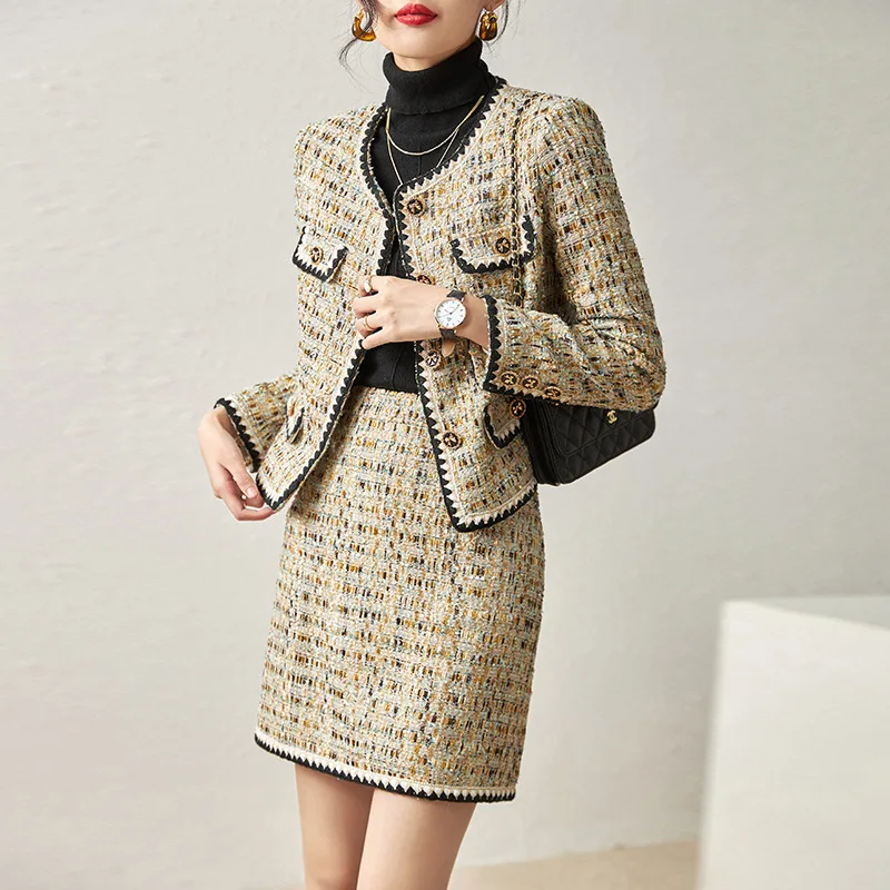 

Korean-style 2022 autumn winter new debutante contrast color bright silk tweed coat skirt small fragrance wind set