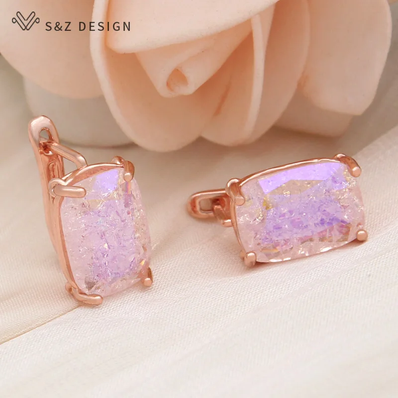 S&Z DESIGN New Fashion Rectangle Ice Crack Crystal Dangle Earrings For Women 585 Rose Gold Color Wedding Jewelry Eardrop