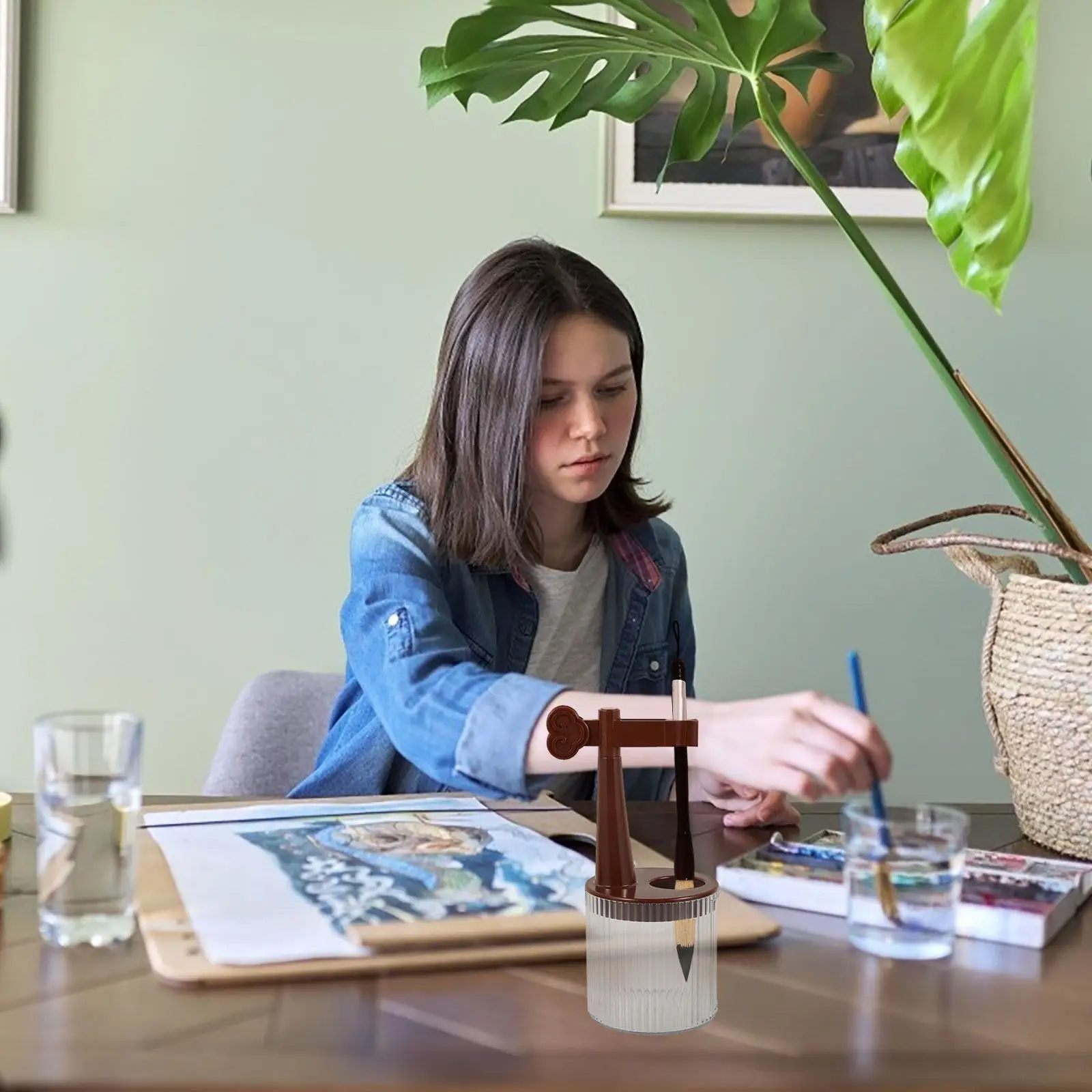 페인팅 브러쉬 클리너 플라스틱 홀더 클래식 브라운 브러쉬 펜 보관 랙 데스크탑 아트 펜 홀더 편리한 사용