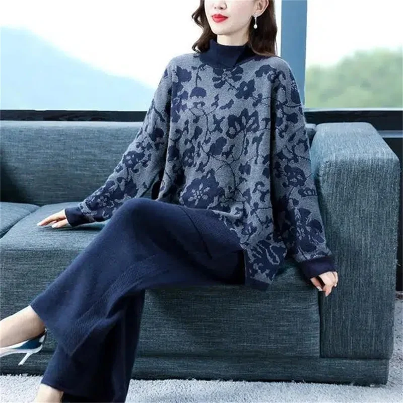 Advanced Sense Embroidery Split Knit Suit Women's 2023 Spring Autumn New Fashion Sweater Wide Leg Pants Two-Piece Set Female