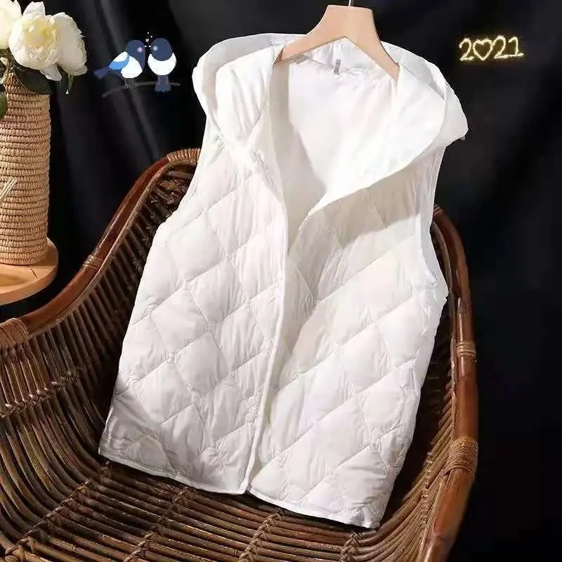 2022 New White Down Cotton Vest Jacket Women Hooded Sleeveless Padded Vest Outer Wear Autumn Winter Vest Women Waistcoat Coat women middle aged elderly plus velvet padded waistcoat spring autumn winter vest 2021 elderly waistcoat grandma mother vesta515