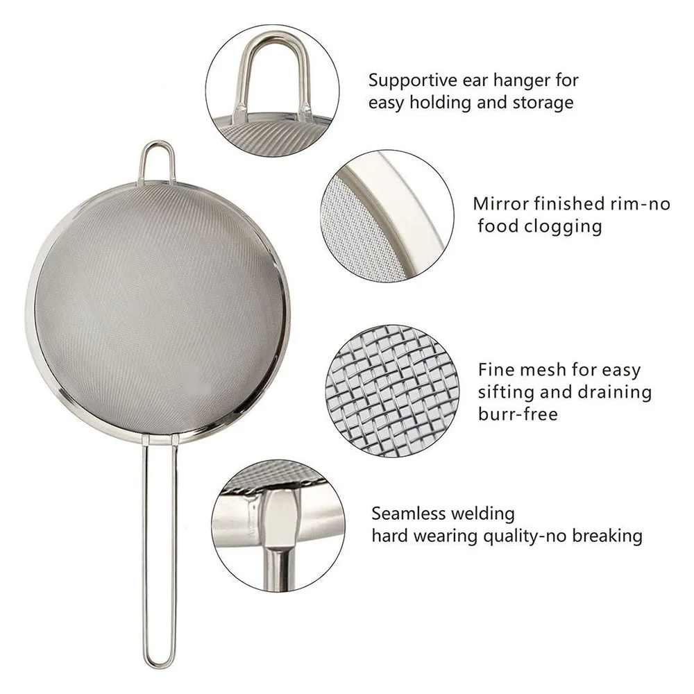 Fine Mesh Stainless Steel Strainer Sieve Egg Filter Colanders Coffee Tea Vegtables Filtering Food Kitchen Accessories Set 3Pcs tea infuser tea strainer tea filter powder sifter flour strainer coffee maker filter