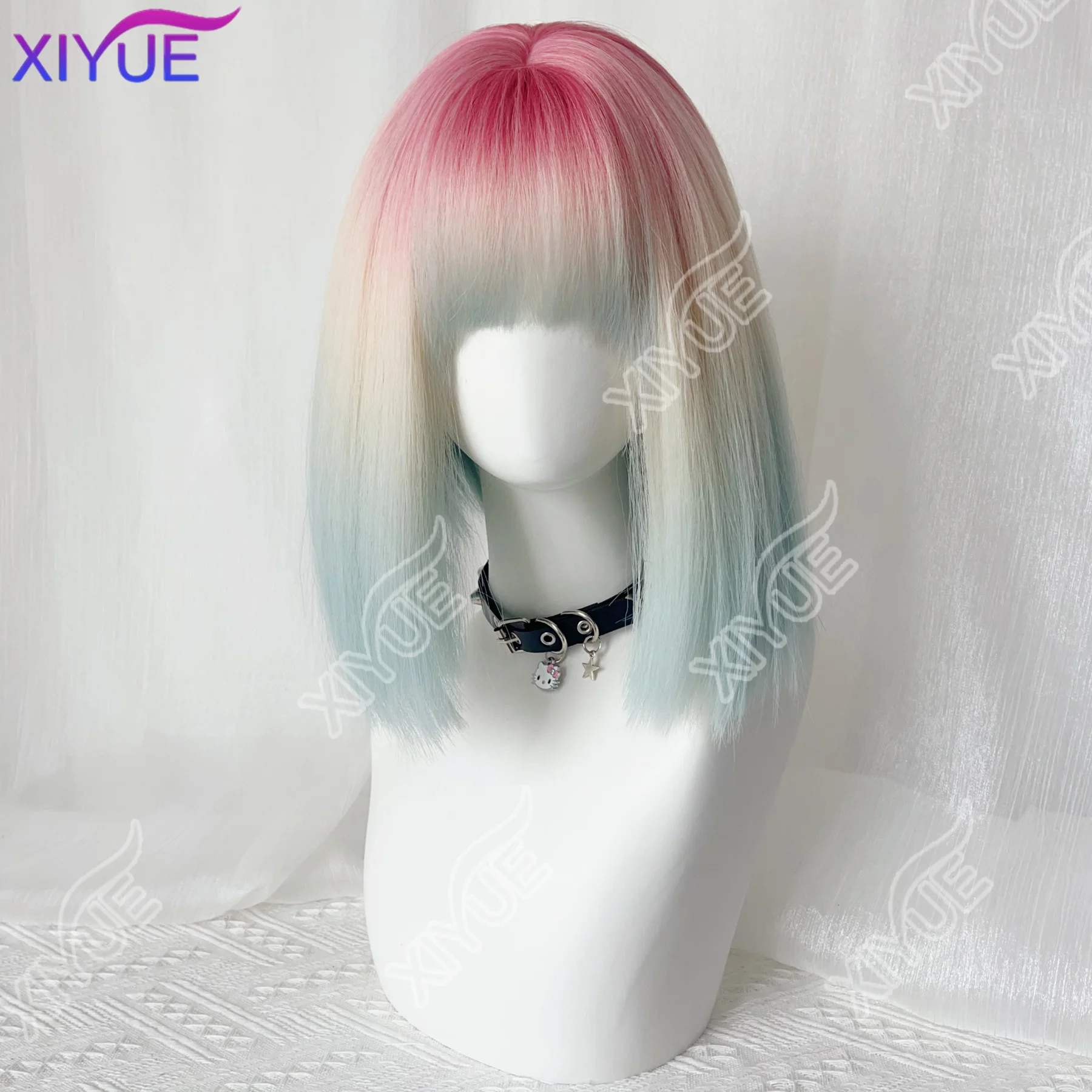 Ashely Rainbow Bubble Short Straight Hair Wig for Women with Bangs Gradient Highlights Lolita Bob Wigs Synthetic Wig Pastel